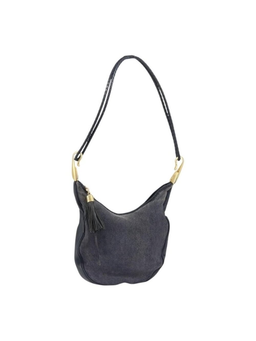 Authentic CELINE Shoulder Bag Canvas Leather Navy Gold
